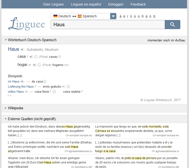 Online-Wörterbuch und Online-Übersetzer Linguee