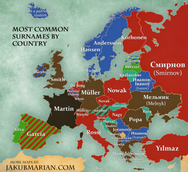 Die populärsten Nachnamen nach Land in Europa, von Jakub Marian.