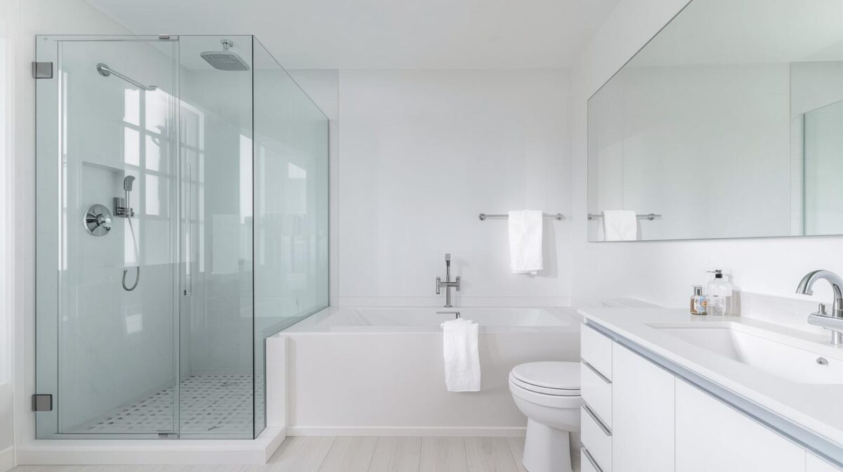 Ein Bild eines Badezimmers mit einer Dusche, einer Badewanne, einem Waschbecken, einem Spiegel und einer Toilette