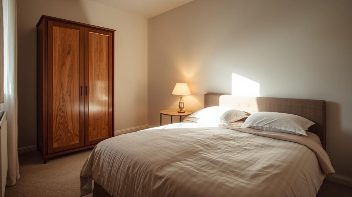 Ein Bild eines Schlafzimmers mit einem Bett, einem Kleiderschrank, einem Nachttisch, einer Lampe und einer Bettdecke und zwei Kissen