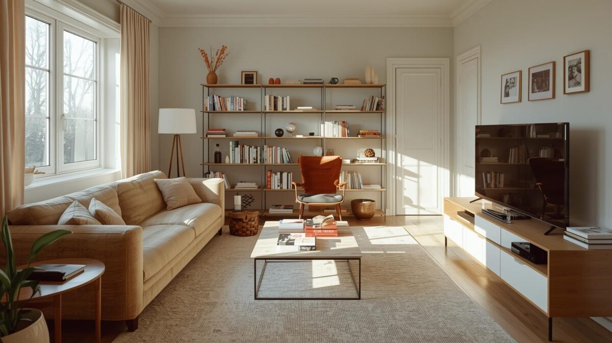 Ein Bild eines Wohnzimmers mit einem Sofa, einem Sessel, einem Couchtisch, einem Fernseher und einem Regal.