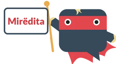 Albanisch lernen: Sprachheld-Maskottchen mit einem Schild „Mirëdita“ (Guten Tag)