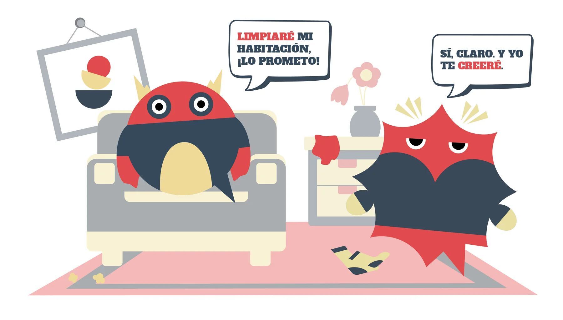 Comic zu Futur auf Spanisch: Zwei Sprachheld-Ninjas sagen „Limpiaré mi habitación, ¡lo prometo!“ – „Sí, claro. Y yo te creeré.“