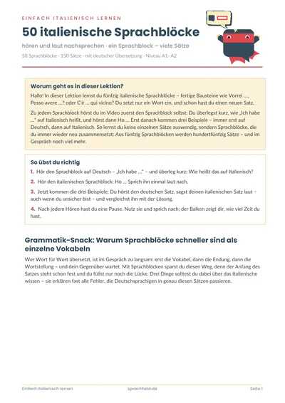 PDF-Vorschau: Arbeitsblatt „50 Sprachblöcke auf Italienisch“