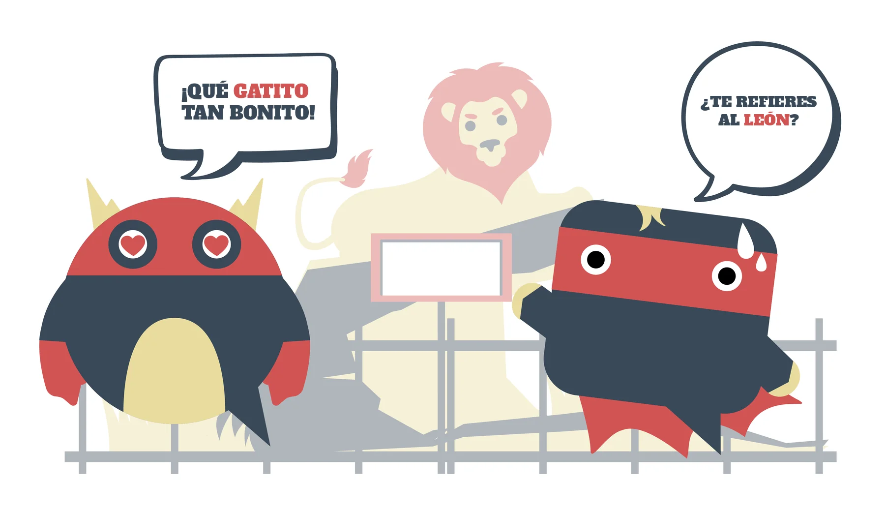 Comic zu Tiere auf Spanisch: Zwei Sprachheld-Ninjas sagen „¡Qué gatito tan bonito!“ – „¿Te refieres al león?“