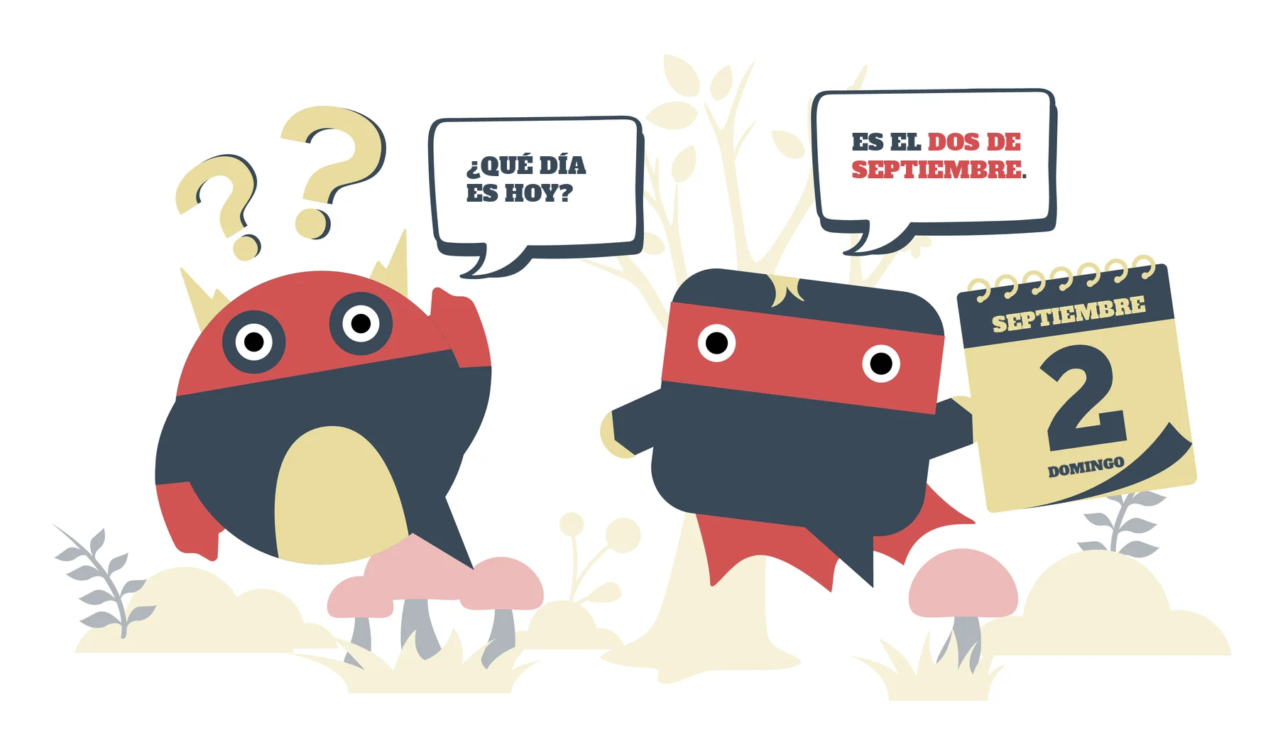Comic zu Datum auf Spanisch: Zwei Sprachheld-Ninjas sagen „¿Qué día es hoy?“ – „Es el dos de septiembre.“