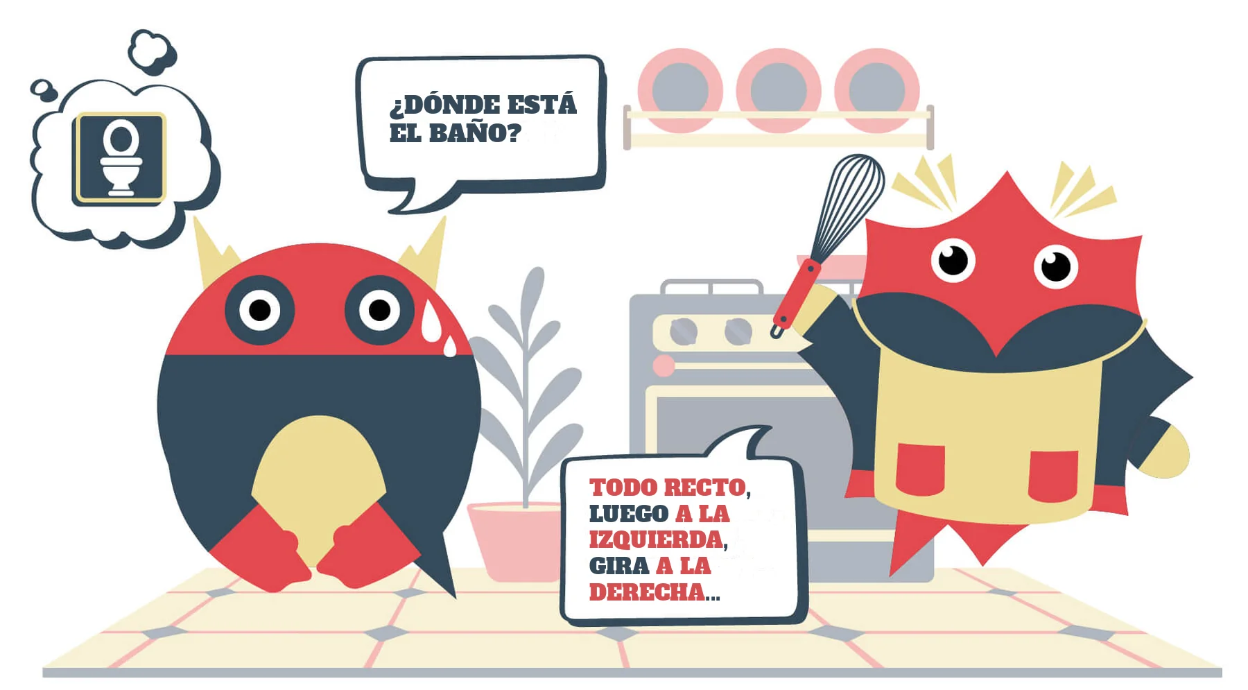Comic zu Wegbeschreibung auf Spanisch: Zwei Sprachheld-Ninjas sagen „¿Dónde está el baño?“ – „Todo recto, luego a la izquierda, gira a la derecha...“