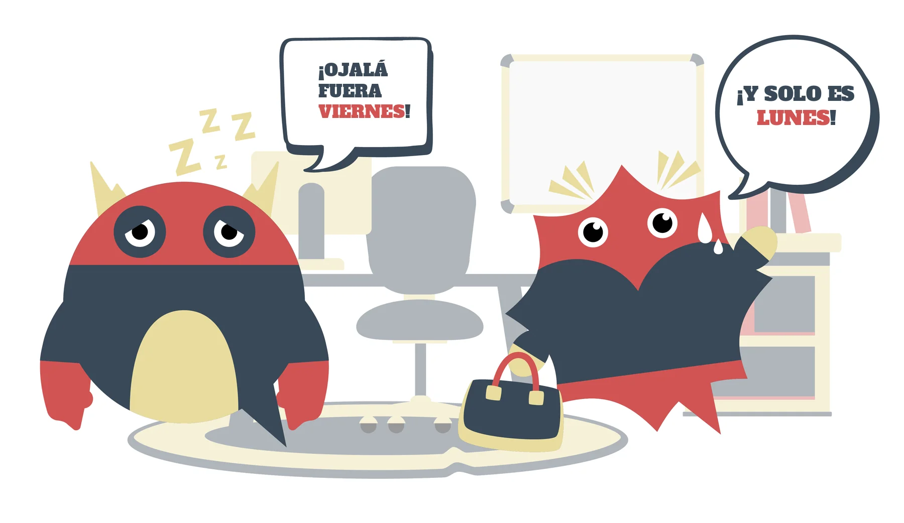 Comic zu Wochentage auf Spanisch: Zwei Sprachheld-Ninjas sagen „¡Ojalá fuera viernes!“ – „¡Y solo es lunes!“